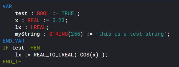 An example of (nonsense) syntax-highlighted 61131 code.