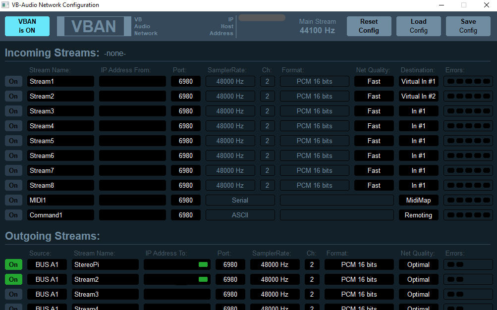 Windows VBAN server configuration.